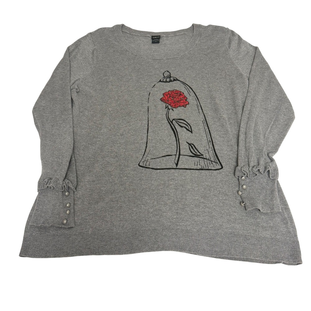 Disney Torrid Beauty and the Beast Rose Sequin Ruffle Cuff Sweater Gray Womens 2